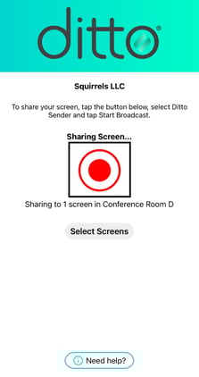 The Ditto Connect for iOS app interface with a box highlighting the option to stop broadcast.