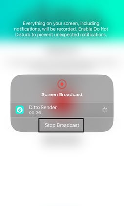The iOS Screen Broadcast interface with a box highlighting the option to stop broadcast.