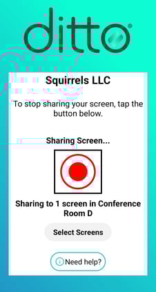 The Ditto Connect for Android app interface with a box highlighting the option to stop broadcast.