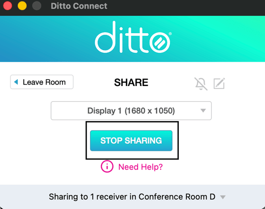 The Ditto Connect for Mac app interface with a box highlighting the option to stop sharing.