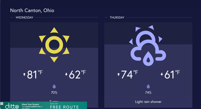 A digital sign showing the weather with a Ditto room code in the bottom left corner