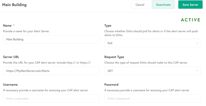 Alert Server Setup options in the Ditto Account Portal