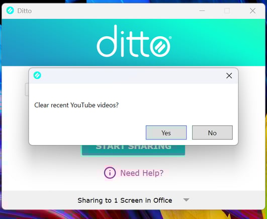 Ditto Connect Windows app showing a "clear recent YouTube videos" confirmation