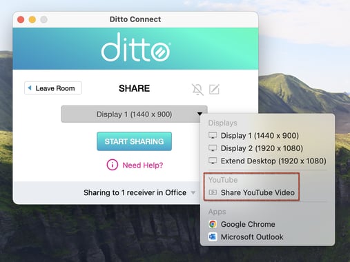The Share YouTube Video option in the Ditto Connect app on Mac