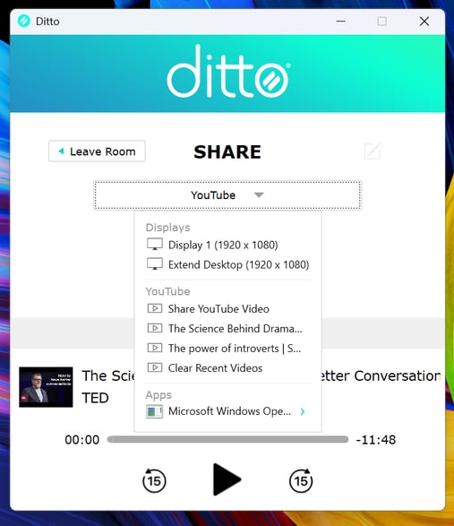 The Share YouTube Video option in the Ditto Connect app on Windows