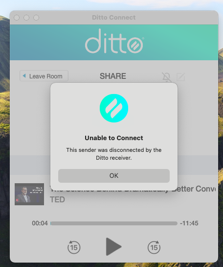 The Ditto Connect app showing an "Unable to Connect" error message