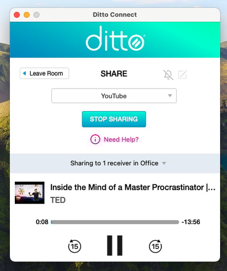 Video playback controls in the Ditto Connect app on Mac