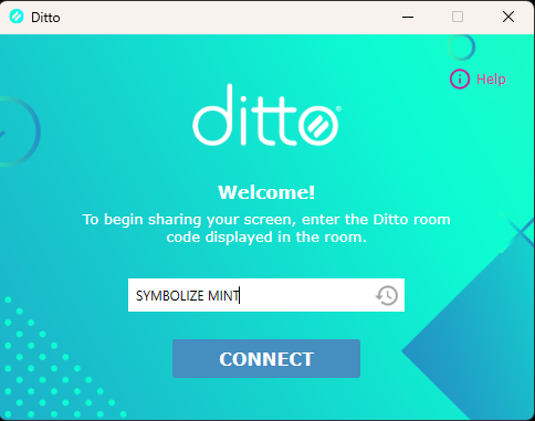 Entering a room code in the Ditto Connect app on Windows